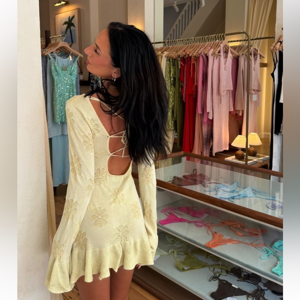 Asta Resort Light Yellow Long-Sleeve Ruffle-Hem Dress